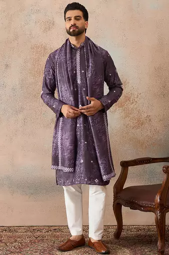 Men's purple silk blend printed ethnic motifs kurta, trouser & dupatta set – trendy festive & wedding wear