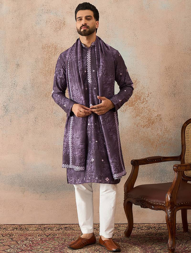 Men's purple silk blend printed ethnic motifs kurta, trouser & dupatta set – trendy festive & wedding wear