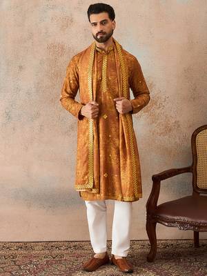 Men's mustard silk blend printed ethnic motifs kurta, trouser & dupatta set     trendy festive & wedding wear 2