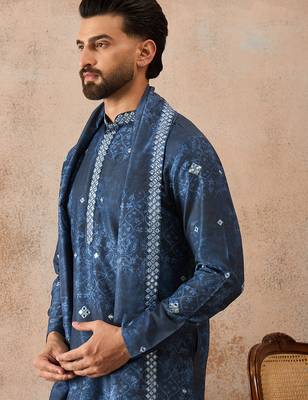 Men's blue silk blend printed ethnic motifs kurta, trouser & dupatta set     trendy festive & wedding wear 1