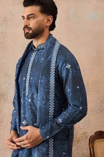 Men's blue silk blend printed ethnic motifs kurta, trouser & dupatta set     trendy festive & wedding wear