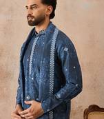 Men's blue silk blend printed ethnic motifs kurta, trouser & dupatta set     trendy festive & wedding wear