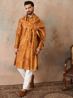 Men's mustard silk blend printed ethnic motifs kurta, trouser & dupatta set     trendy festive & wedding wear 3
