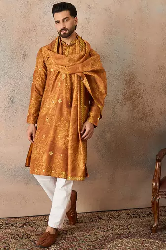 Men's mustard silk blend printed ethnic motifs kurta, trouser & dupatta set     trendy festive & wedding wear