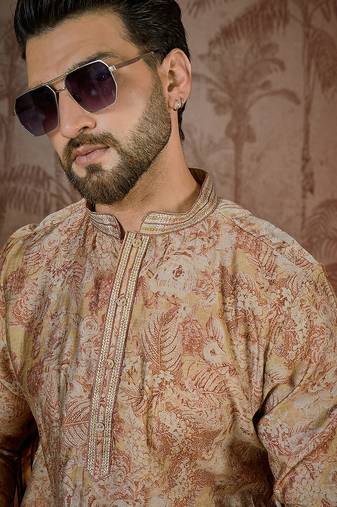 Men's beige silk blend printed design floral kurta with trousers – trendy festive & wedding wear