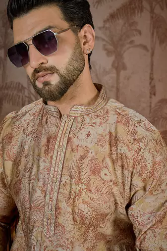Men's beige silk blend printed design floral kurta with trousers trendy festive & wedding wear