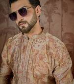 Men's beige silk blend printed design floral kurta with trousers – trendy festive & wedding wear