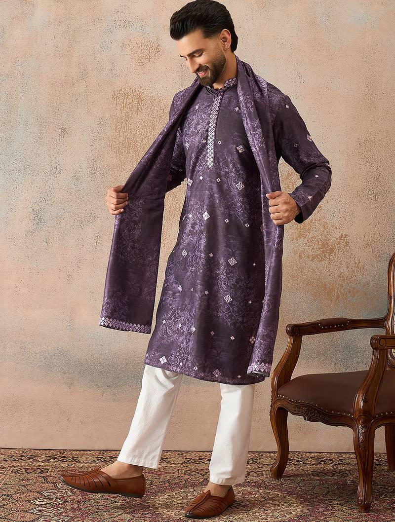 Men's purple silk blend printed ethnic motifs kurta, trouser & dupatta set – trendy festive & wedding wear