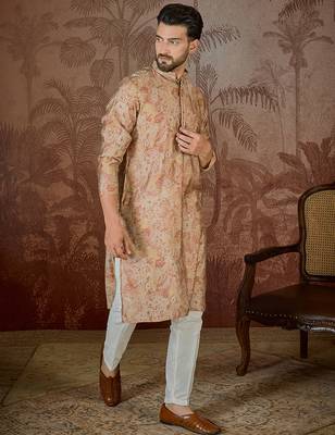 Men's beige silk blend printed design floral kurta with trousers – trendy festive & wedding wear 2