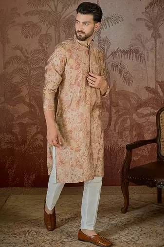 Men's beige silk blend printed design floral kurta with trousers trendy festive & wedding wear