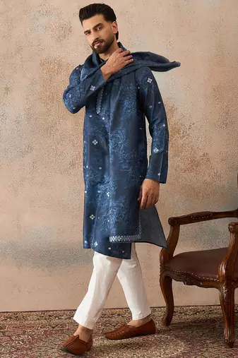 Men's blue silk blend printed ethnic motifs kurta, trouser & dupatta set     trendy festive & wedding wear