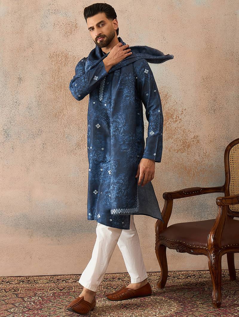 Men's blue silk blend printed ethnic motifs kurta, trouser & dupatta set     trendy festive & wedding wear