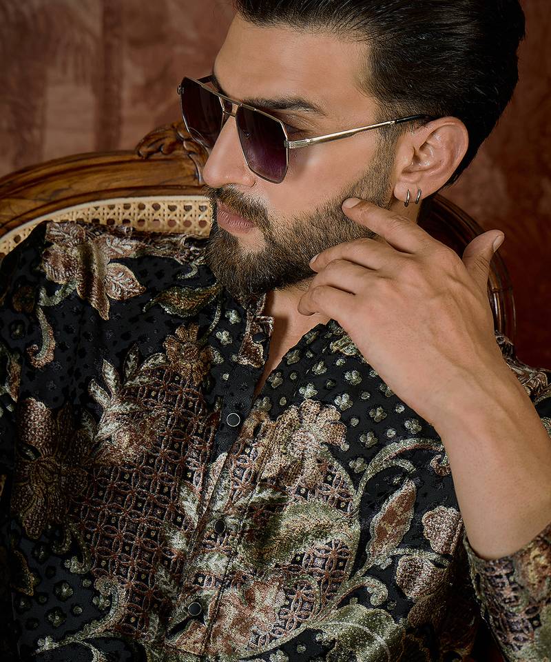 Men's black velvet printed design floral kurta with trousers – trendy festive & wedding wear