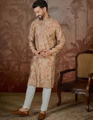 Men's beige silk blend printed design floral kurta with trousers – trendy festive & wedding wear 3