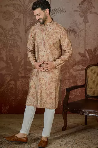 Men's beige silk blend printed design floral kurta with trousers trendy festive & wedding wear