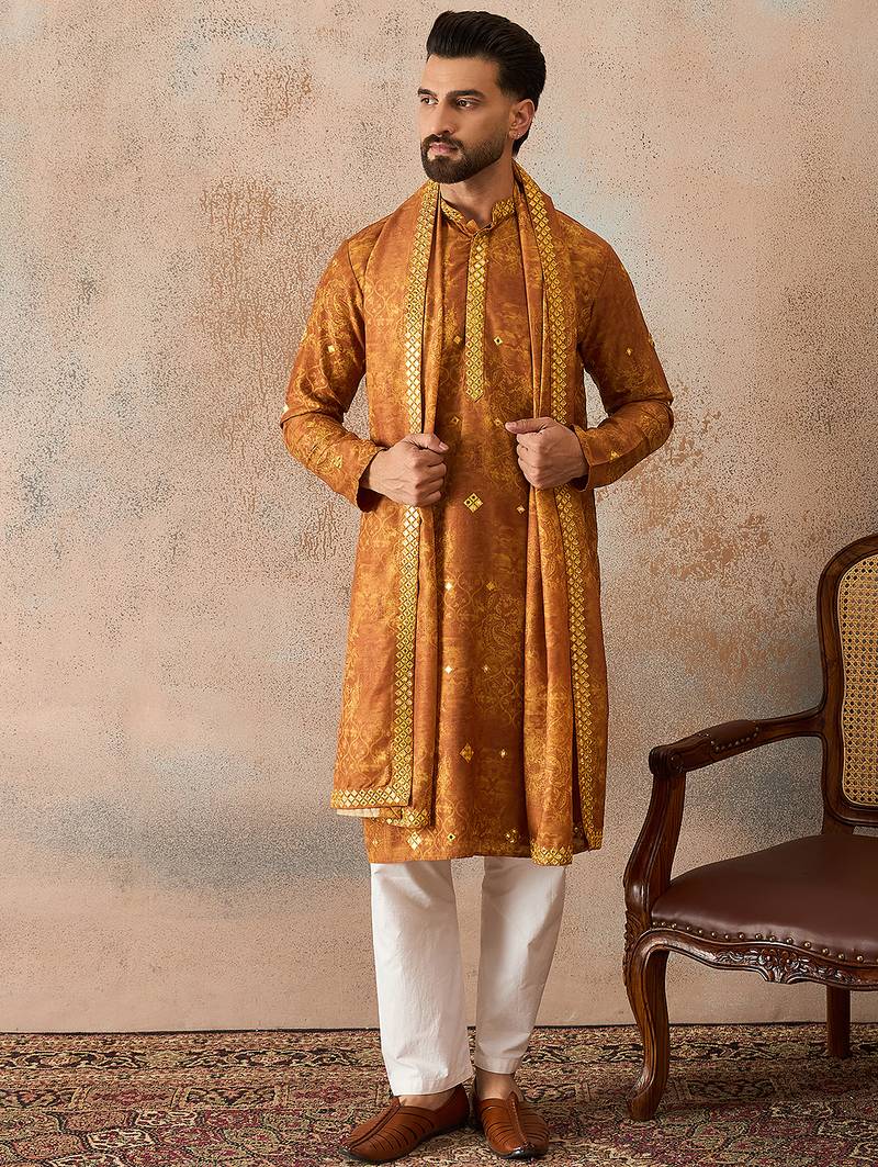 Men's mustard silk blend printed ethnic motifs kurta, trouser & dupatta set     trendy festive & wedding wear