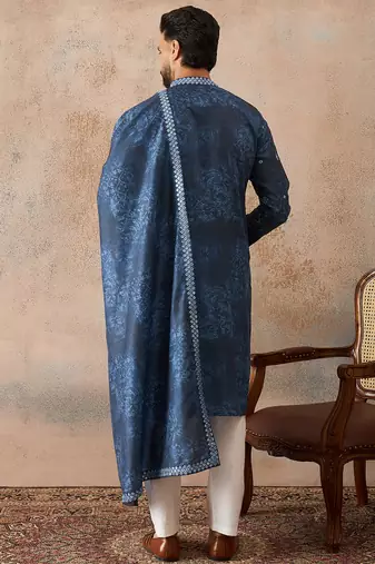 Men's blue silk blend printed ethnic motifs kurta, trouser & dupatta set     trendy festive & wedding wear