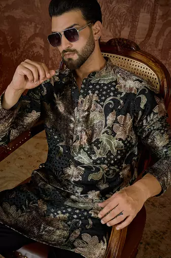 Men's black velvet printed design floral kurta with trousers trendy festive & wedding wear