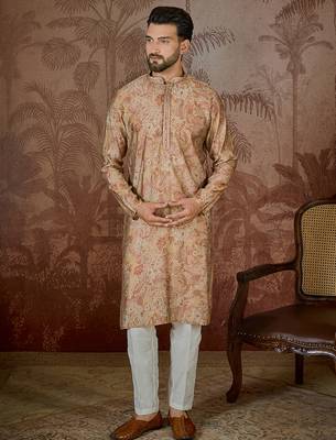 Men's beige silk blend printed design floral kurta with trousers – trendy festive & wedding wear 5