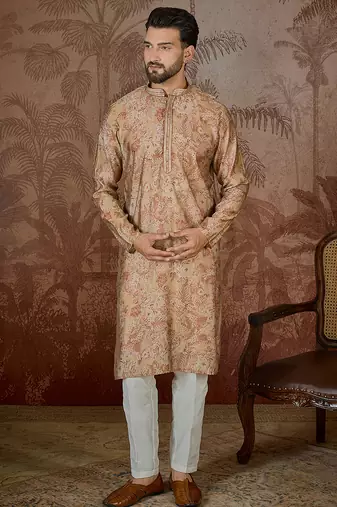 Men's beige silk blend printed design floral kurta with trousers trendy festive & wedding wear
