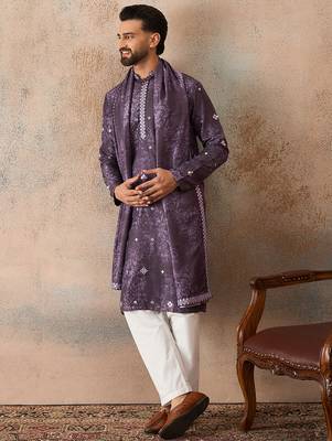 Men's purple silk blend printed ethnic motifs kurta, trouser & dupatta set – trendy festive & wedding wear 5