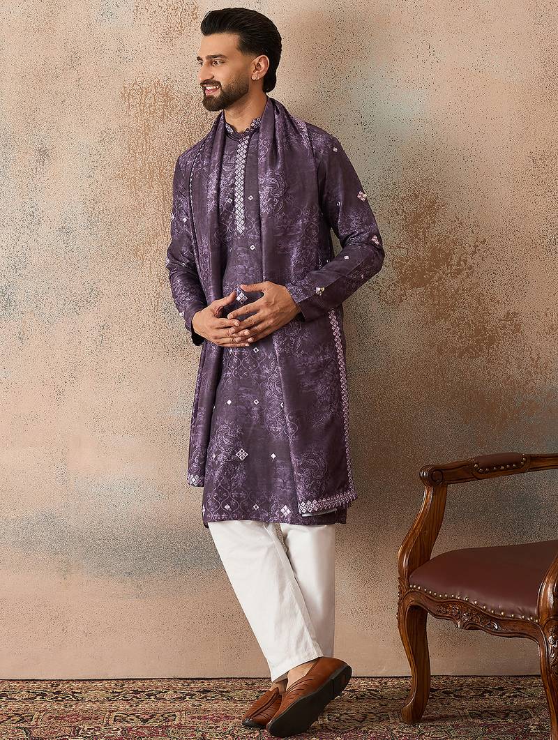 Men's purple silk blend printed ethnic motifs kurta, trouser & dupatta set – trendy festive & wedding wear