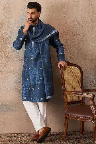 Men's blue silk blend printed ethnic motifs kurta, trouser & dupatta set     trendy festive & wedding wear