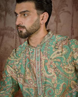 Men's green silk blend printed design ethnic motifs kurta with trousers – trendy festive & wedding wear 1