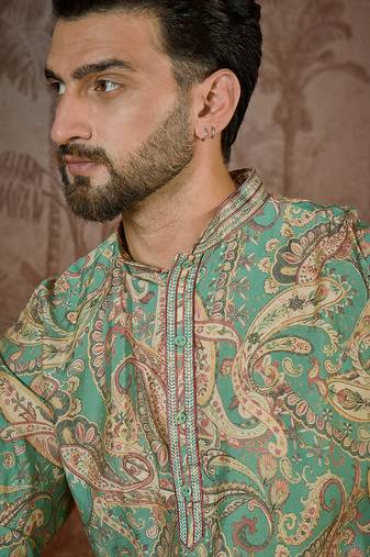 Men's green silk blend printed design ethnic motifs kurta with trousers – trendy festive & wedding wear