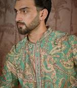 Men's green silk blend printed design ethnic motifs kurta with trousers – trendy festive & wedding wear
