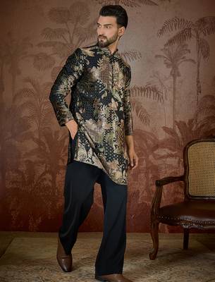 Men's black velvet printed design floral kurta with trousers – trendy festive & wedding wear 3
