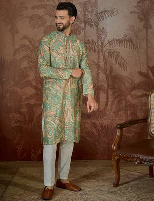 Men's green silk blend printed design ethnic motifs kurta with trousers – trendy festive & wedding wear 2