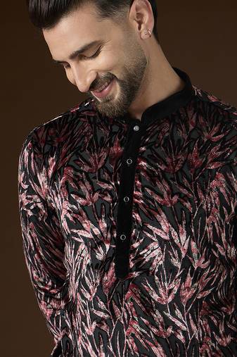 Men's black velvet printed design ethnic motifs kurta with trousers – trendy festive & wedding wear