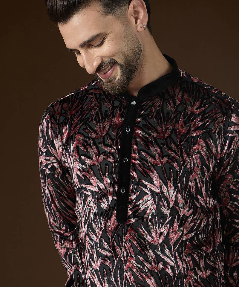 Men's black velvet printed design ethnic motifs kurta with trousers – trendy festive & wedding wear