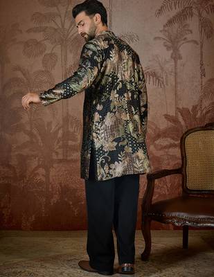 Men's black velvet printed design floral kurta with trousers – trendy festive & wedding wear 4