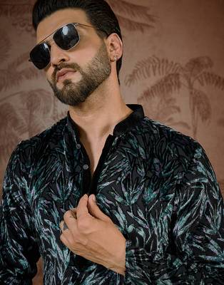 Men's black velvet printed design ethnic motifs kurta with trousers – trendy festive & wedding wear 1