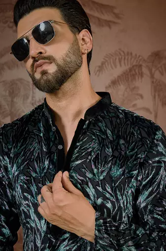Men's black velvet printed design ethnic motifs kurta with trousers trendy festive & wedding wear