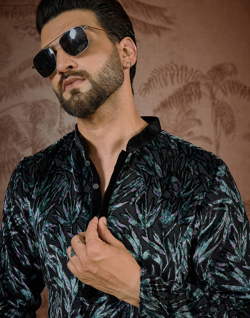 Men's black velvet printed design ethnic motifs kurta with trousers – trendy festive & wedding wear