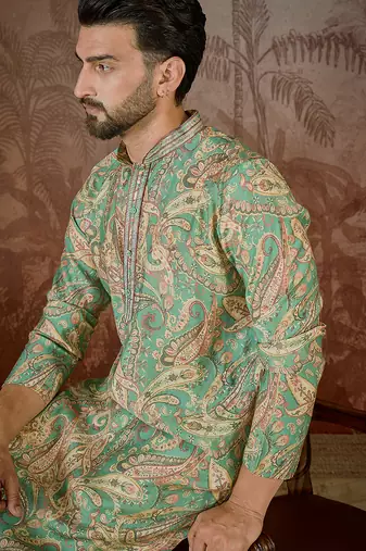 Men's green silk blend printed design ethnic motifs kurta with trousers trendy festive & wedding wear