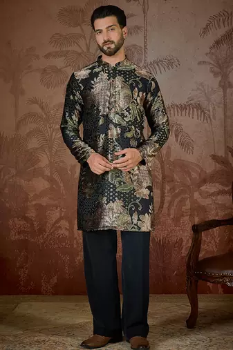 Men's black velvet printed design floral kurta with trousers trendy festive & wedding wear
