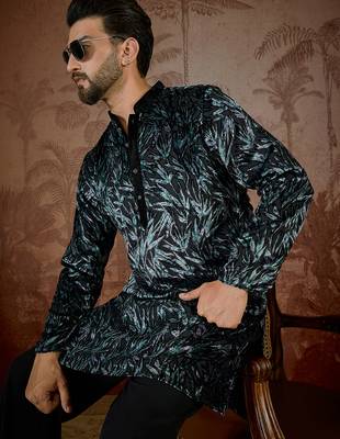 Men's black velvet printed design ethnic motifs kurta with trousers – trendy festive & wedding wear 2