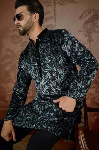 Men's black velvet printed design ethnic motifs kurta with trousers trendy festive & wedding wear