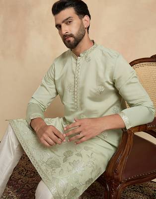 Men's green silk blend embroidered design solid kurta with trousers – trendy festive & wedding wear 1