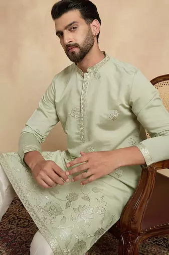 Men's green silk blend embroidered design solid kurta with trousers – trendy festive & wedding wear