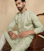 Men's green silk blend embroidered design solid kurta with trousers – trendy festive & wedding wear