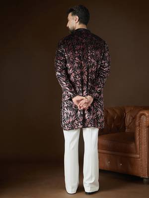 Men's black velvet printed design ethnic motifs kurta with trousers – trendy festive & wedding wear 4