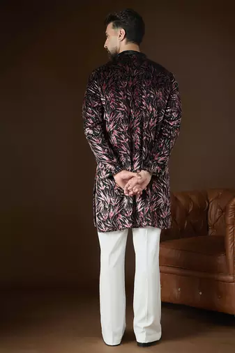 Men's black velvet printed design ethnic motifs kurta with trousers trendy festive & wedding wear