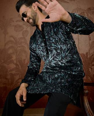 Men's black velvet printed design ethnic motifs kurta with trousers – trendy festive & wedding wear 3