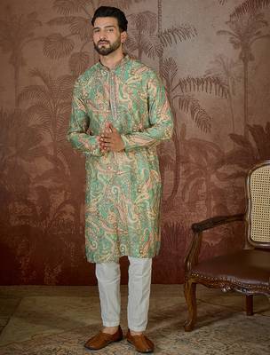 Men's green silk blend printed design ethnic motifs kurta with trousers – trendy festive & wedding wear 5