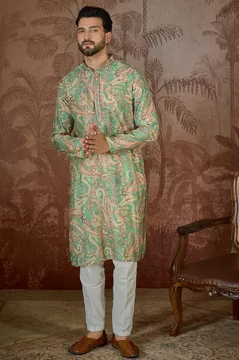 Men's green silk blend printed design ethnic motifs kurta with trousers trendy festive & wedding wear